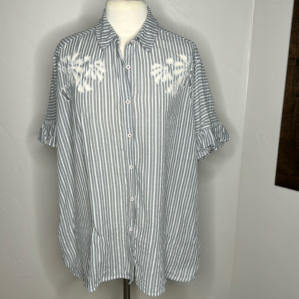 Anthropology Maeve Oversized Stripe Button Front & Ruffle Tagged S Fits Larger